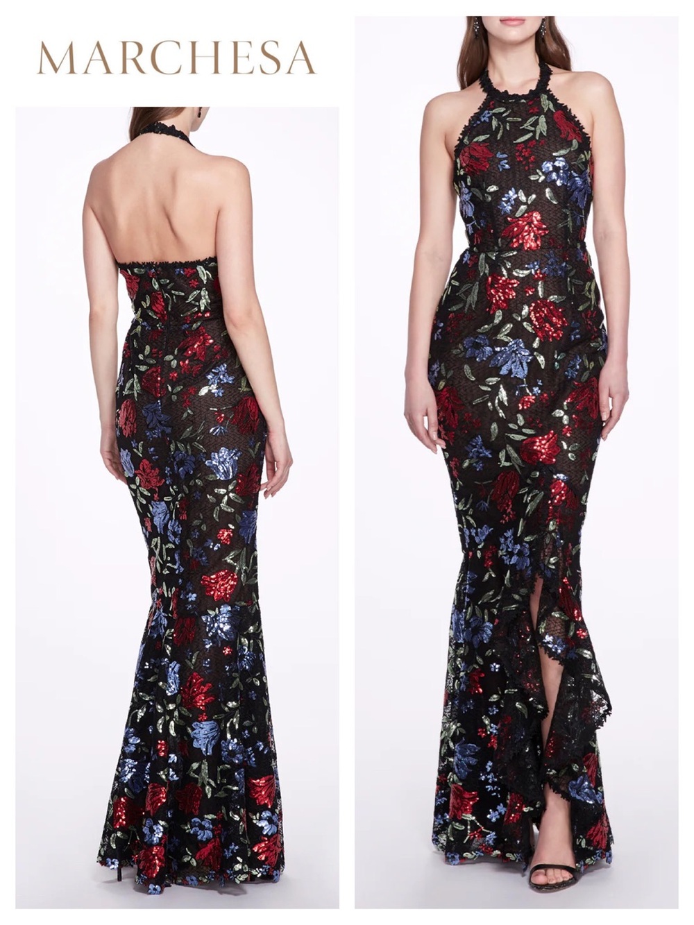 MARCHESA NOTTE Sleeveless Halter Embroidered Sequin Gown
